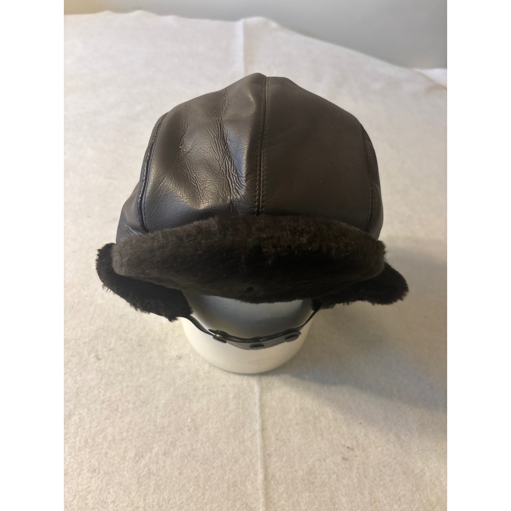 Vintage Mens Dark Brown Leather Aviator‎ Trapper Hat Faux Fur Lined Large